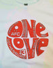 Red One Love logo Aberdeen Football Club Stand Free White Cotton T-Shirt with front print and sleeve patch print