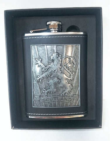 8oz Metal Hip Flask with Embossed Rampant Lion Design