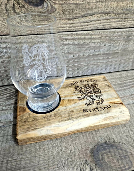 Handcrafted Reclaimed Timber Glass Holder c/w Glencairn Glass Rampant Lion