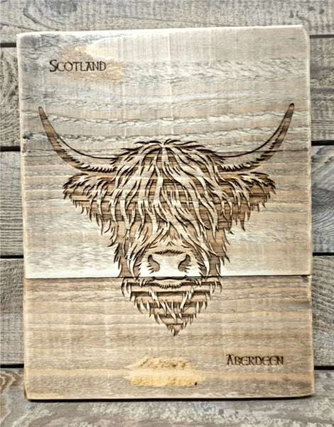 Handcrafted Reclaimed Timber Plaque -Highland Cow