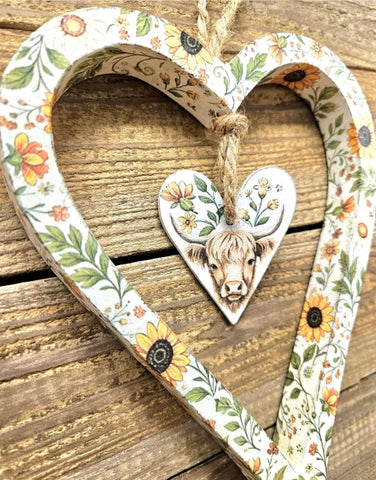 Handcrafted Highland Cow Hanging Heart Ornament