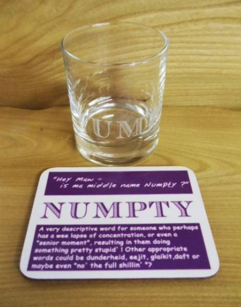 Coaster & Dram Glass Scottish Dialect Word (Numpty)