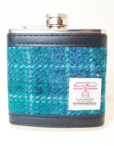 Harris Tweed Hip Flask 6oz - Sea Blue Check