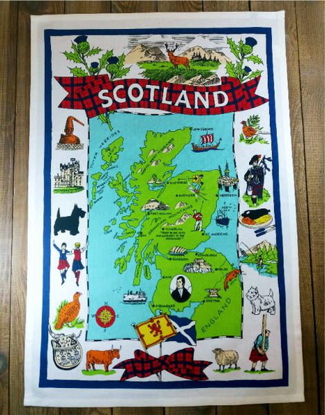 Scotland Map & Famous Icons Tea Towel